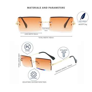 LASPOR 2 Pack Rectangle Rimless Sunglasses for Men Women Vintage Retro Square Gold Metal Frameless Glasses Tinted Lens（Tea Brown + Transparent）