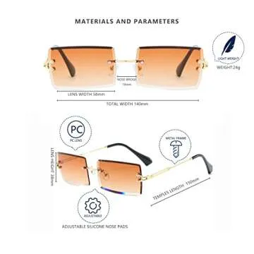 LASPOR 2 Pack Rectangle Rimless Sunglasses for Men Women Vintage Retro Square Gold Metal Frameless Glasses Tinted Lens（Tea Brown + Transparent）