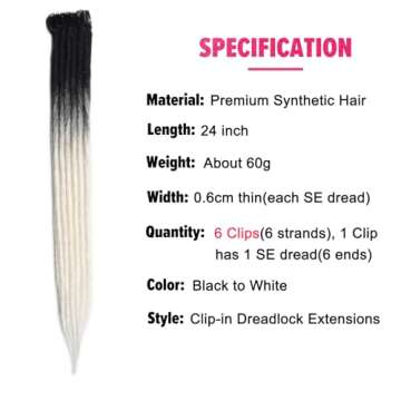 Kyriena 6PCS Thin Dreadlock Extensions Clip In, 24 inch Ombre White Handmade Viking Crochet Clip In Dreads, Thin 0.6cm Width Hippie Fake Synthetic Dreadlock Extensions for Women