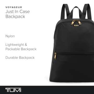 TUMI - Just In Case Foldable Backpack - Lightweight, Compact Travel Backpack - For One Bag Travel - 15.5" X 12.3" X 4.5" - Black with Gold Hardware