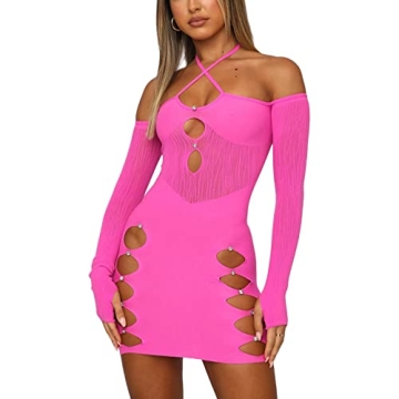 Amiblvowa Hollow Out Dress for Women Sexy Y2k Halter Neck Bodycon Mini Dresses Cut Out Club Party Sh...