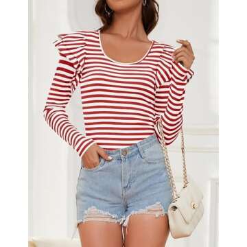ZESICA Womens Ruffle Long Sleeve Scoop Neck Shirt Striped Slim Fitted Casual Basic Tee Tops Trendy Spring Clothes,Red,Small