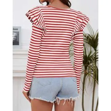 ZESICA Womens Ruffle Long Sleeve Scoop Neck Shirt Striped Slim Fitted Casual Basic Tee Tops Trendy Spring Clothes,Red,Small