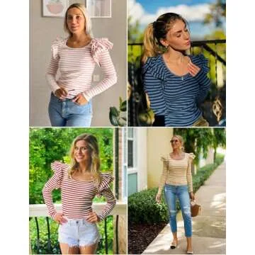 ZESICA Womens Ruffle Long Sleeve Scoop Neck Shirt Striped Slim Fitted Casual Basic Tee Tops Trendy Spring Clothes,Red,Small