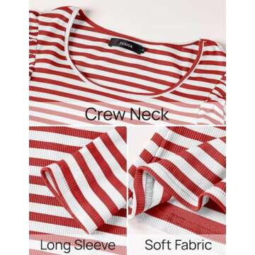 ZESICA Womens Ruffle Long Sleeve Scoop Neck Shirt Striped Slim Fitted Casual Basic Tee Tops Trendy Spring Clothes,Red,Small