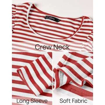 ZESICA Womens Ruffle Long Sleeve Scoop Neck Shirt Striped Slim Fitted Casual Basic Tee Tops Trendy Spring Clothes,Red,Small