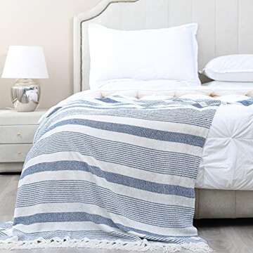 Decorative Blue White Striped Throw with Fringe, Soft Chenille Knitted Farmhouse Lightweight Blanket...