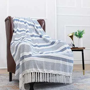 Decorative Blue White Striped Throw with Fringe, Soft Chenille Knitted Farmhouse Lightweight Blanket with Tassels for Couch Sofa Chair Bed Office Home Décor, Blue and Ivory, 50" x 60"