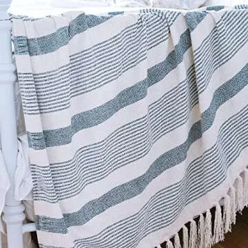 Decorative Blue White Striped Throw with Fringe, Soft Chenille Knitted Farmhouse Lightweight Blanket with Tassels for Couch Sofa Chair Bed Office Home Décor, Blue and Ivory, 50" x 60"