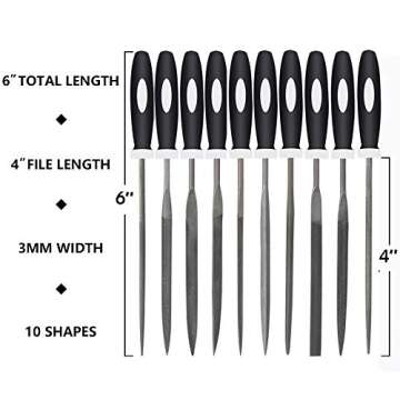 SDAE 10PCS Needle File Set High Carbon Steel File Set with Plastic Non-Slip Handle, Hand Metal Tools for Wood, Plastic, Model, Jewelry, Musical Instrument and DIY (6 Inch Total Length)