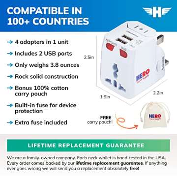 Hero Universal Travel Adapter (2 USB Ports) – Power Plug for US Europe France UK Ireland Thailand NZ Australia 100+ Countries