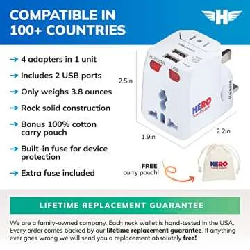 Hero Universal Travel Adapter (2 USB Ports) – Power Plug for US Europe France UK Ireland Thailand NZ Australia 100+ Countries