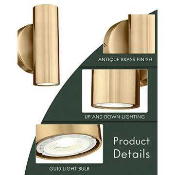 Cargifak 2-Light Wall Light, Brass Gold Wall Sconce, Indoor Up and Down Wall Lamp for Bedroom Bathroom Stair Entryway (2 Pack), WL4830-2W-BB-2PK