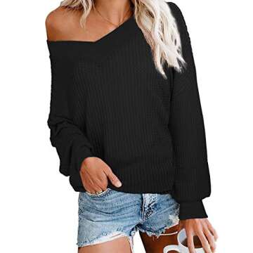 Albe Rita Women's V Neck Long Sleeve Waffle Knit Top Off Shoulder Pullover SweaterBlack, L