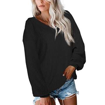 Albe Rita Women's V Neck Long Sleeve Waffle Knit Top Off Shoulder Pullover SweaterBlack, L