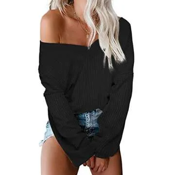 Albe Rita Women's V Neck Long Sleeve Waffle Knit Top Off Shoulder Pullover SweaterBlack, L