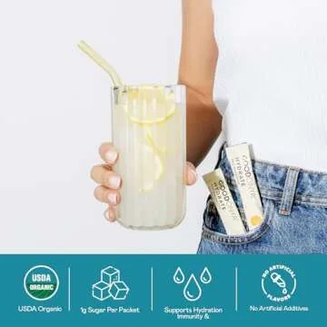 GOODONYA Organic Hydration - Electrolyte Powder Packets | Lemon, Coconut Water, Magnesium, Himalayan Pink Salt | Only 1g Sugar, No Artificial Flavors | USDA Organic & Plant-Based | 12 Stick Packs