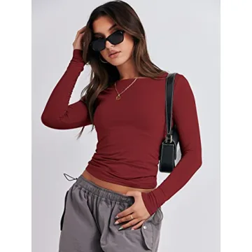 ANRABESS Women's Crewneck Long Sleeve Crop Top Red
