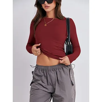 ANRABESS Women's Crewneck Long Sleeve Crop Top Red