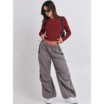 ANRABESS Women's Crewneck Long Sleeve Crop Top Red