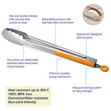 Sturdy Stainless Steel Kitchen Tongs Set 9" & 12"