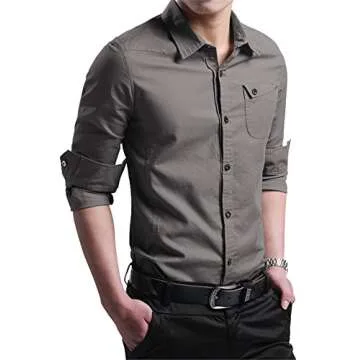 XTAPAN Men's Casual Button Down Shirt Solid Classic Slim Fit Shirt Navy Gray US M