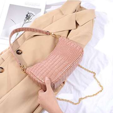 New Shoulder Bag Lady Retro Crocodile Purse Classic Clutch Shoulder Tote HandBag with Zipper Closure for Women (Pink)