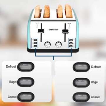 iFedio 4 Slice Extra Wide Slots Stainless Steel with BAGEL CANCEL DEFROST Function for Breakfast,Bread Kitchen Compact Toaster, (Blue) 1500W