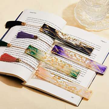 Gersoniel 4 Pieces Resin Bookmarks Handmade Resin Gilt Bookmarks with Tassels Presents for Women Kids Students Teachers and Book Lovers School Home Reading(Bright Color)