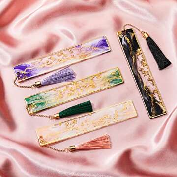 Gersoniel 4 Pieces Resin Bookmarks Handmade Resin Gilt Bookmarks with Tassels Presents for Women Kids Students Teachers and Book Lovers School Home Reading(Bright Color)