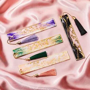 Gersoniel 4 Pieces Resin Bookmarks Handmade Resin Gilt Bookmarks with Tassels Presents for Women Kids Students Teachers and Book Lovers School Home Reading(Bright Color)