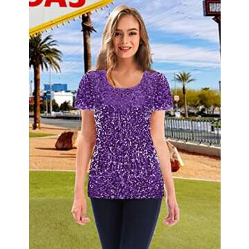 MANER Women’s Full Sequin Tops Glitter Party Shirt Short Sleeve Sparkle Blouses S-3X (Purple, XXX-...