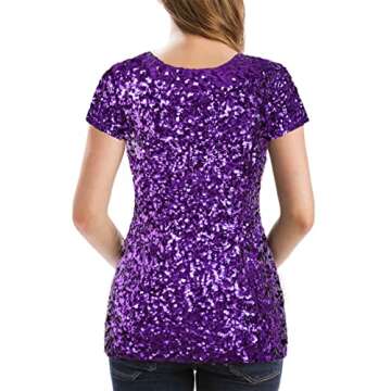 MANER Women’s Full Sequin Tops Glitter Party Shirt Short Sleeve Sparkle Blouses S-3X (Purple, XXX-Large)