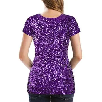MANER Women’s Full Sequin Tops Glitter Party Shirt Short Sleeve Sparkle Blouses S-3X (Purple, XXX-Large)
