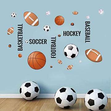 Supzone Sport Balls Wall Stickers Boys Wall Decals Basketball Soccer Baseball Football Hockey Wall D...