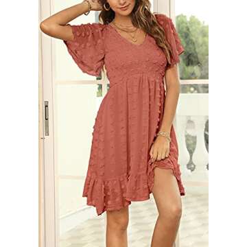 Zattcas Dusty Orange Swiss Dot Smocked Dress for Summer