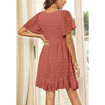 Zattcas Dusty Orange Swiss Dot Smocked Dress for Summer