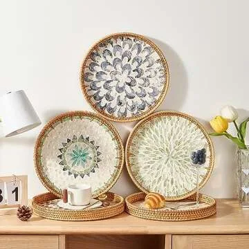 Round Rattan Tray with Mother of Pearl Inlay, Rattan Serving Tray with Wooden Base, Decorative Wicker Basket for Table Decor, Storage and Display of Coffee Bread Food Fruit (Plume)