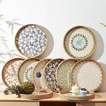 Round Rattan Tray with Mother of Pearl Inlay, Rattan Serving Tray with Wooden Base, Decorative Wicker Basket for Table Decor, Storage and Display of Coffee Bread Food Fruit (Plume)