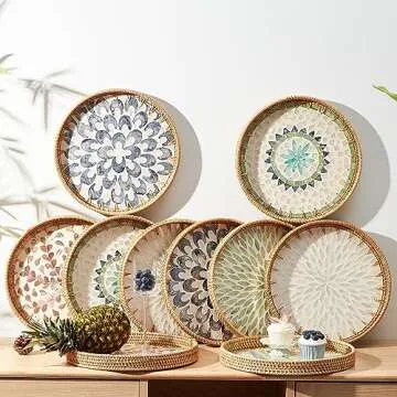 Round Rattan Tray with Mother of Pearl Inlay, Rattan Serving Tray with Wooden Base, Decorative Wicker Basket for Table Decor, Storage and Display of Coffee Bread Food Fruit (Plume)