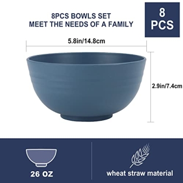 Wheat Straw Bowl Sets,8 PCS Unbreakable Cereal Bowl 26 OZ,Microwave and Dishwasher Safe Bowls,Bowl Sets for Camping and Picnic BPA Free Colorful Salad Bowls for Serving Soup,Oatmeal and Fruit Etc…