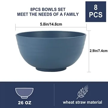 Wheat Straw Bowl Sets,8 PCS Unbreakable Cereal Bowl 26 OZ,Microwave and Dishwasher Safe Bowls,Bowl Sets for Camping and Picnic BPA Free Colorful Salad Bowls for Serving Soup,Oatmeal and Fruit Etc…