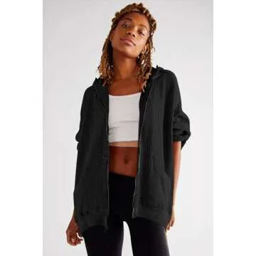Oversized Waffle Knit Zip Up Hoodie for Women