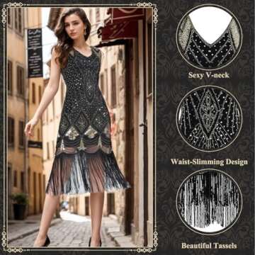 PLULON 1920s Dresses for Women, Sequin Fringed Gatsby Flapper Cocktail Dresses 1920s with 20s Access...