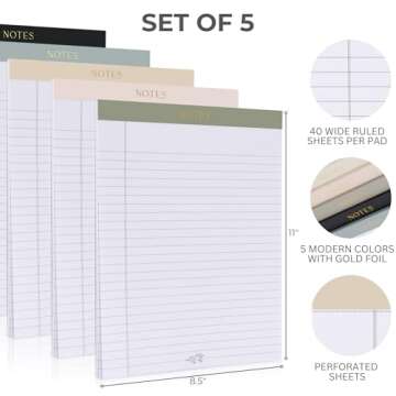 ZICOTO Aesthetic Note Pads Set Of 5 - Quality 8.5 x 11 inch Lined Legal Pads For Women Or Men - The Perfect Writing Notepads and Office Desk Supplies to Easily Organize Your To-Do Lists