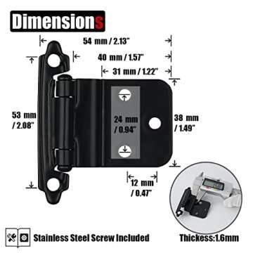 JQK 3/8 Inch Inset Cabinet Door Hinges Black, 20 Pack 10 Pairs Flush Face Mount Cupboard Self-Closin...
