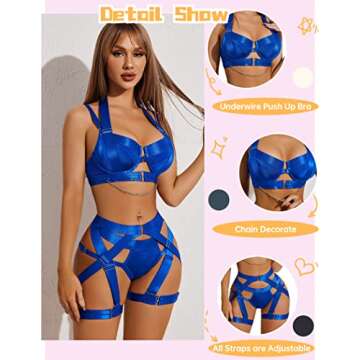 Avidlove Push Up Lingerie for Women Strappy 5 Piece Lingerie Set Sexy Underwire Garter Belt Lingerie with Chain(Blue,M)