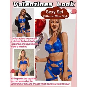 Avidlove Push Up Lingerie for Women Strappy 5 Piece Lingerie Set Sexy Underwire Garter Belt Lingerie with Chain(Blue,M)
