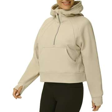 Origiwish Women's Hoodies Fleece Lined Half Zip Pullover Sweatshirt Long Sleeve Crop Tops with Pockets Thumb Hole Khaki