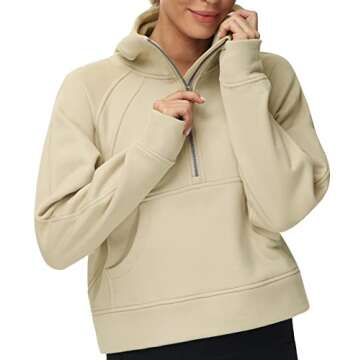 Origiwish Women's Hoodies Fleece Lined Half Zip Pullover Sweatshirt Long Sleeve Crop Tops with Pockets Thumb Hole Khaki